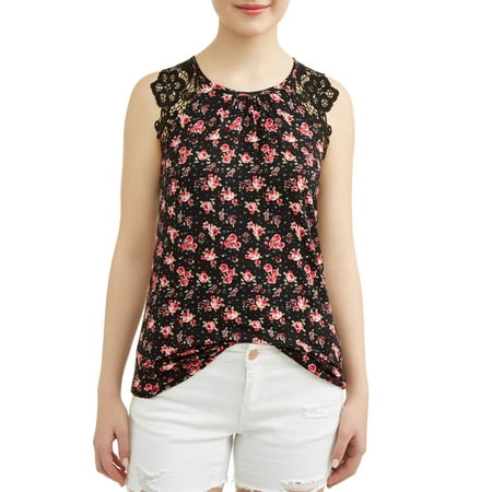 Over Lace Tank - Juniors' Printed Crochet Lace Sleeve Tank