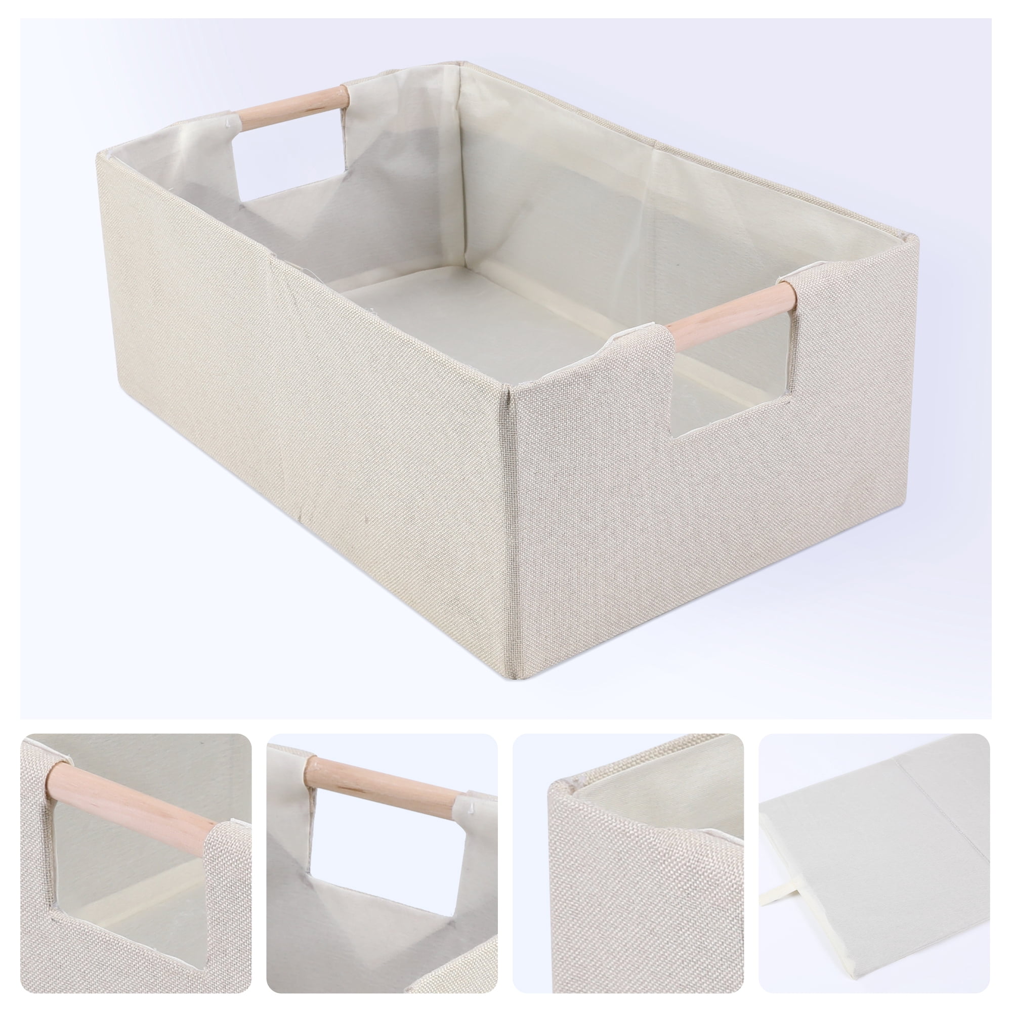 Unique Bargains Foldable Storage Basket with Wood Handles Beige 13.4*9.1*5.9