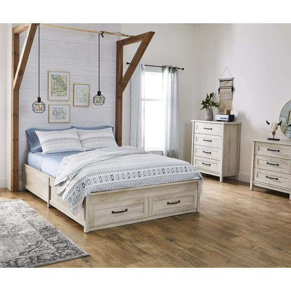 Better Homes & Gardens Modern Farmhouse Queen Platform Bed, Rustic White Finish
