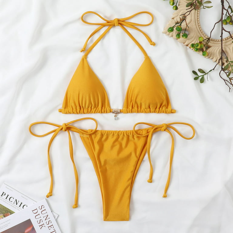 Sexy Style Solid Color Ruched Tie String Triangle Bikini Set - Yellow, S / Yellow