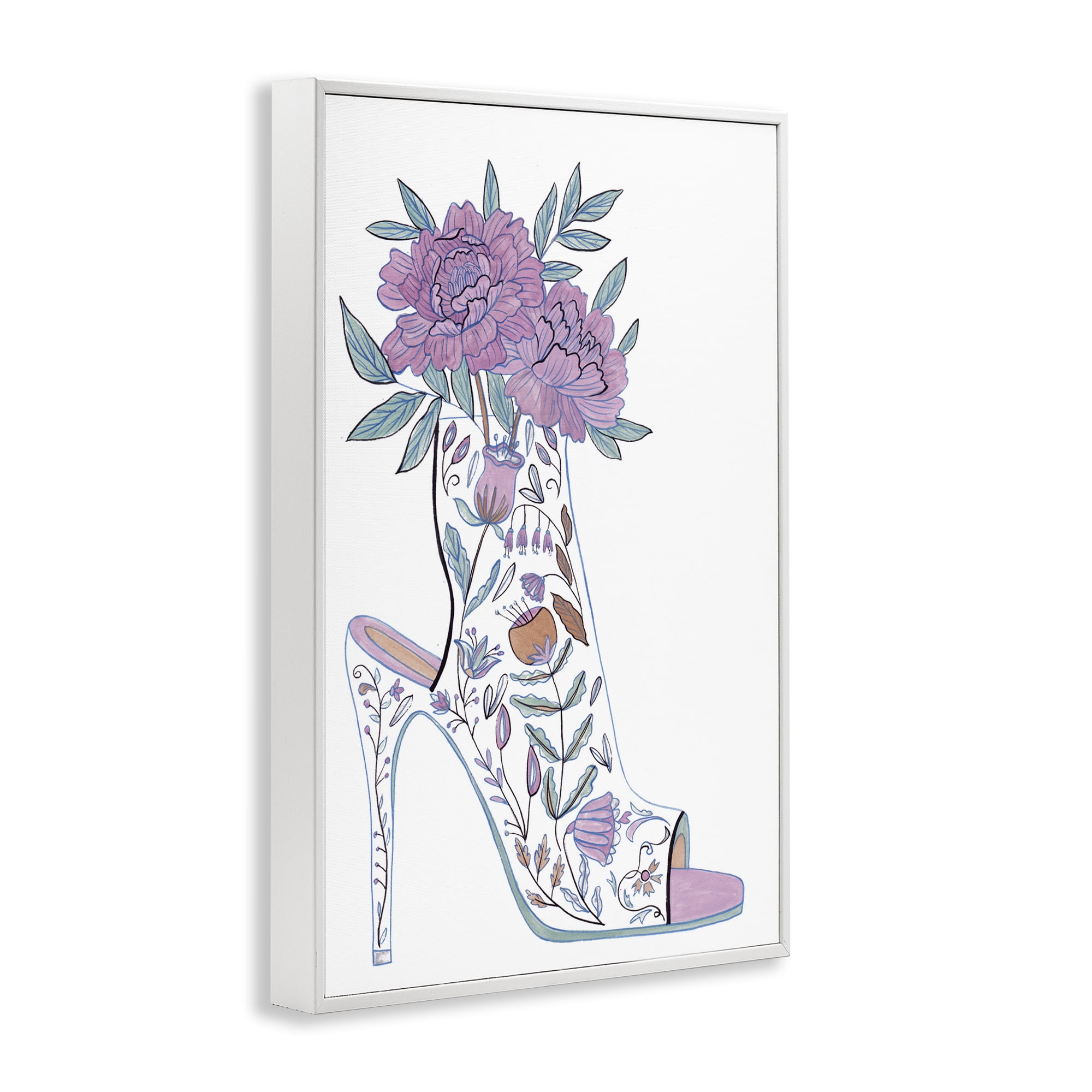 Stupell Industries Shoe with Bouquet Botanical & Floral Painting White Framed Art Print Wall Art, 20 x 30