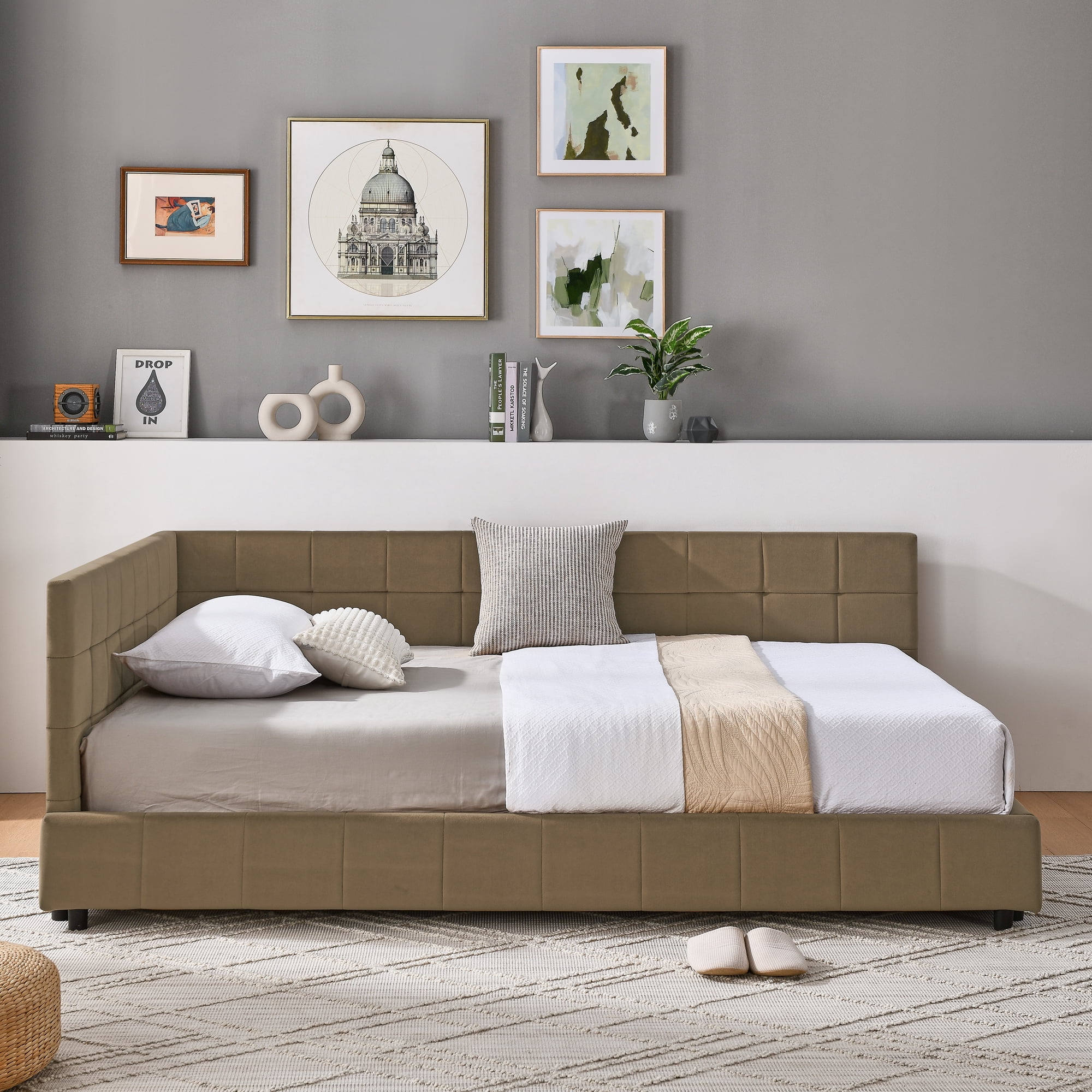Full Size Upholstered Tufted Bed Frame, Sofa Bed Frame with Comfortable Backrest and Armrests, Full Size Bed for Bedroom, Living Room,Velvet