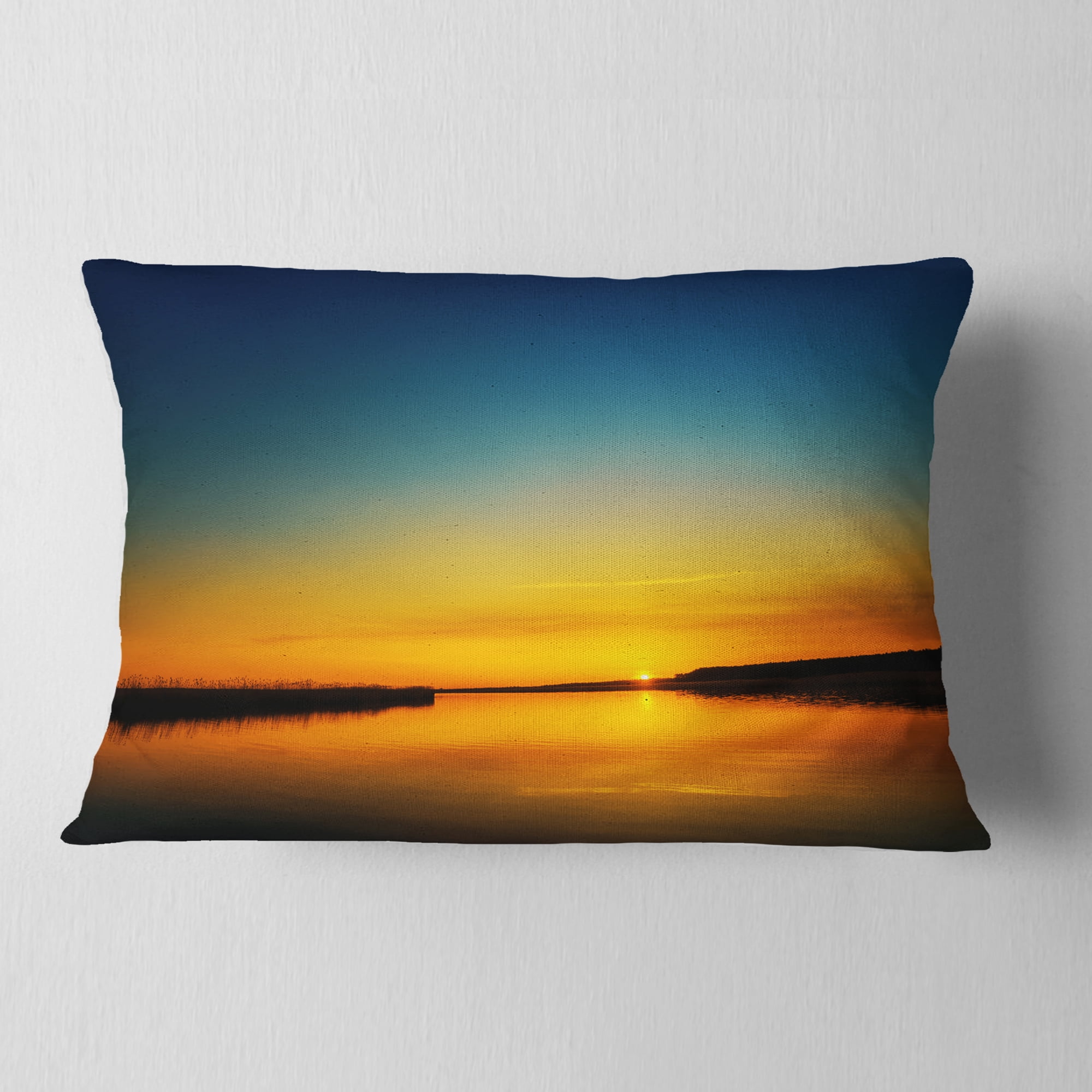 Designart Orange Sunset Over River - Skyline Photography Throw Pillow - 12x20