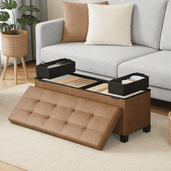 LEDREM 43-Inch Storage Ottoman Bench, 660 lb Capacity Foldable Footrest with 30 Gallon Storage, Synthetic Leather, Coffee Brown