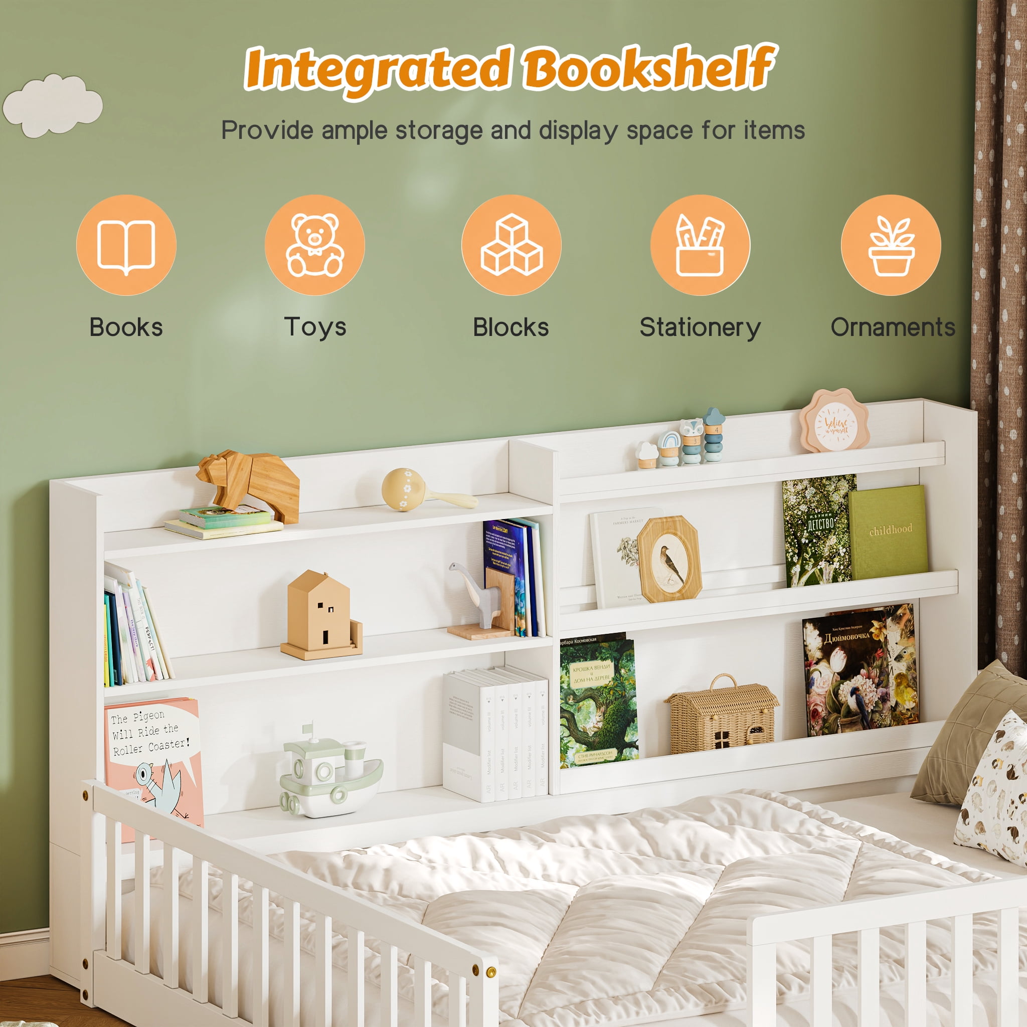 Garitin Twin Floor Bed and Montessori Kids Bed 77.2 Inch, Solid Pine Wood Frame with Bookshelf and Safety Rails for Children Bedroom, White
