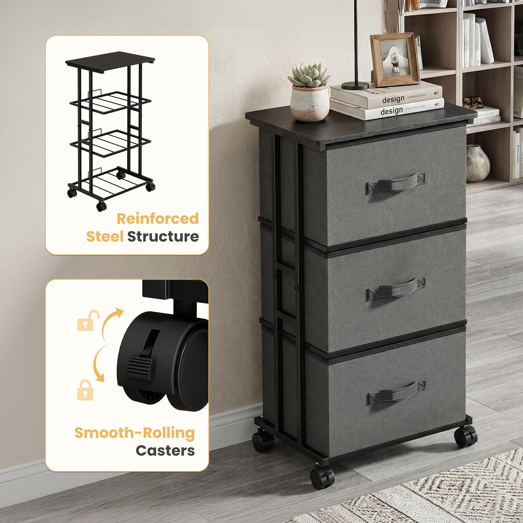 CONCETTA Dresser Storage with 3 Drawers, Storage with Wheels for Bedroom, Home Office, Gray