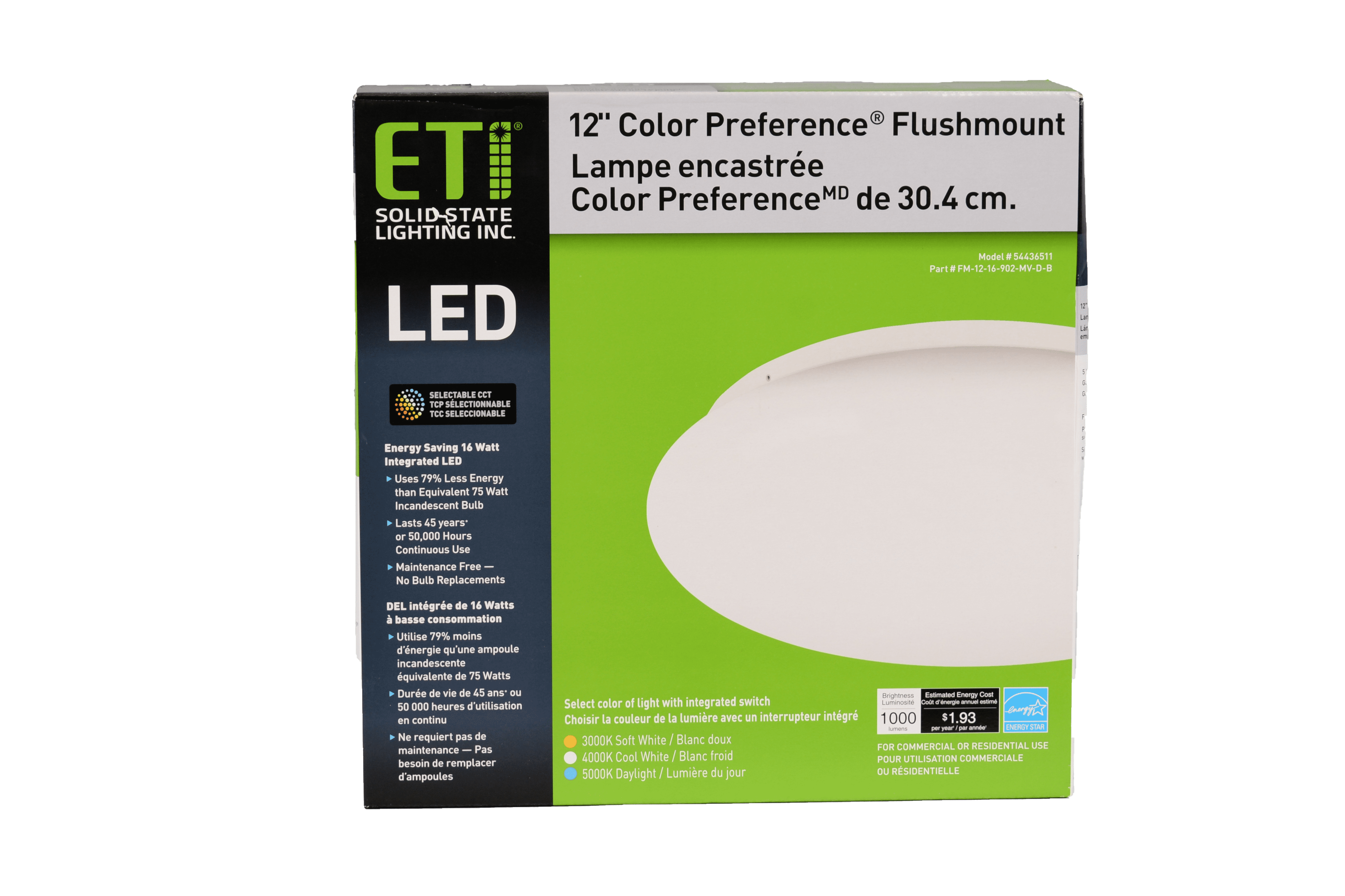 ETI 12" Low Profile LED Flush Mount Ceiling Light, 3CCT Color Preference, 120 - 277 Volt, 54436511
