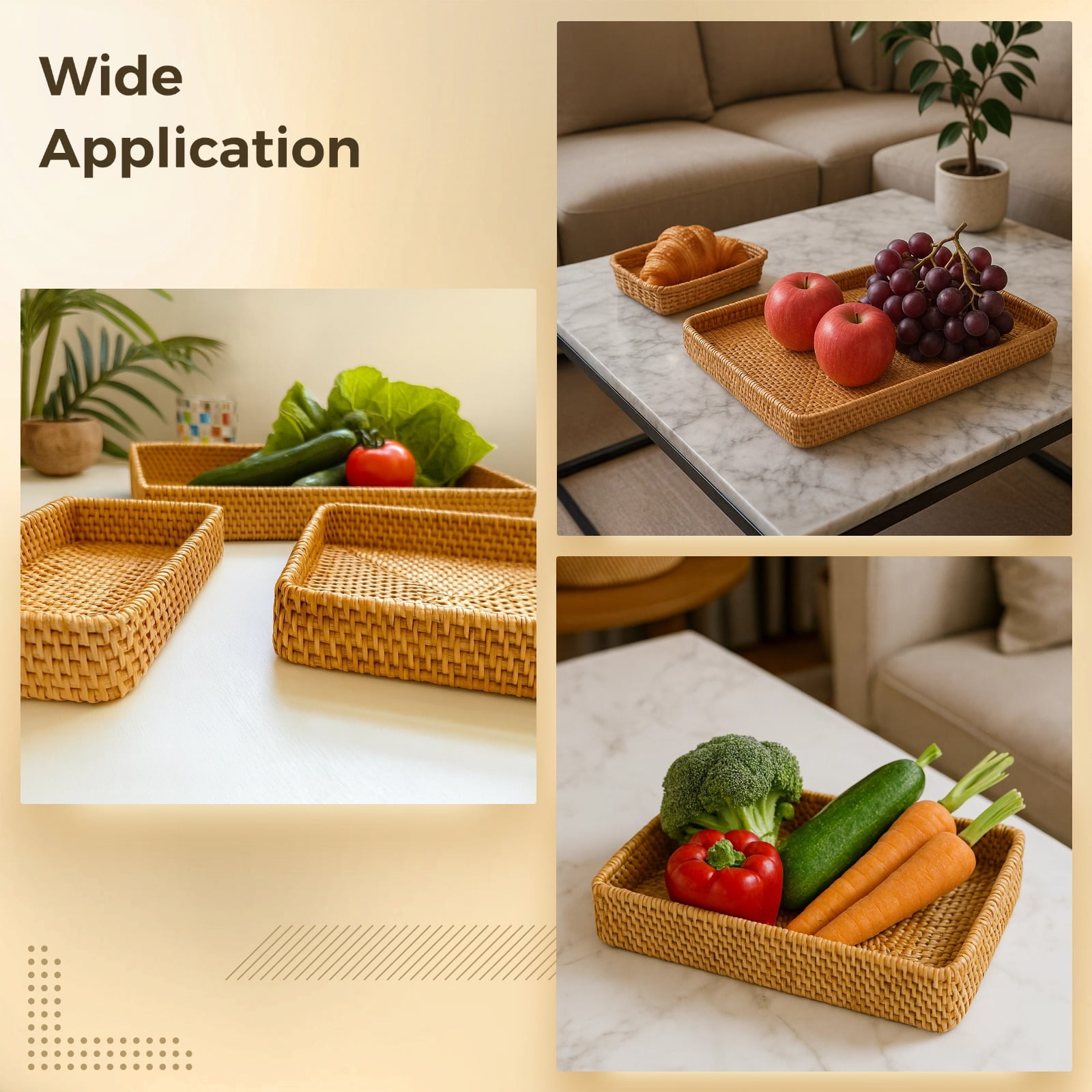 3PCS Storage Organizer Baskets Wicker, Rattan Storage Basket, Rattan Serving Tray, Multi-Use Rectangular Rattan Baskets for Storage, Handmade