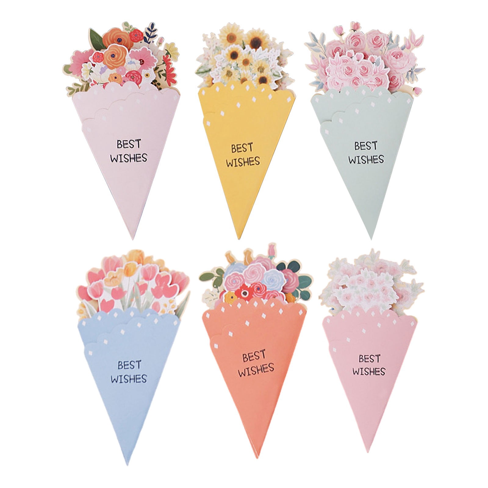 6 Pack 3D Bouquet Style Greeting Cards, Mother's Day Bouquet Paper Greeting Card, "Best Wishes" Floral Cone-Shaped Cards for Mother's Day, Birthday, Anniversary Gift
