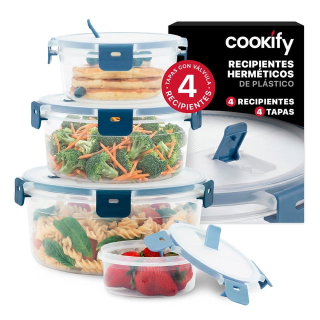 Set De 4 Contenedores De Plástico Para Alimentos Cookify Redondos ,Herméticos, Aptos para Microondas, Sin BPA