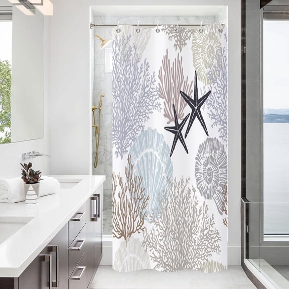 Nautical Coastal Shower Curtain, Brown Tan Blue Ocean Beach Seashell Starfish Themed Bathroom Curtain Waterproof Fabric Machine Washable with Hooks, 36" Wx72 L