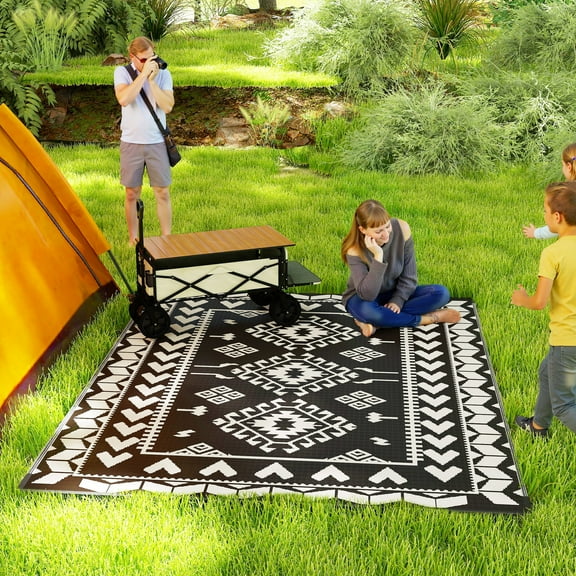 Outsunny Outdoor Patio Rug, Large Camping Carpet with Carrying Bag, 8' x 10' Waterproof Plastic Straw, Reversible, Black & White Rhombus Patchwork