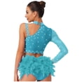 thumbnail image 4 of Kaerm Womens Shiny Rhinestone Dance Top Asymmetrical Shoulder Long Sleeve Figure Skating Costume Crop Top Sky Blue M, 4 of 5