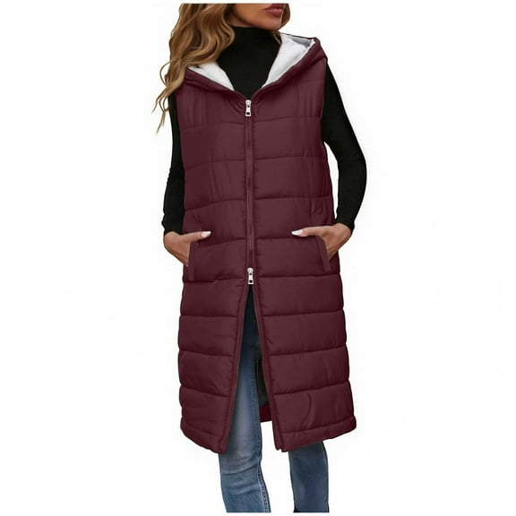 Womens Long Puffer Vest Hooded Jackets Mid-length Warm Dual Zippers Cotton Down Coat Winter Outwear with Pockets (XL, Wine)