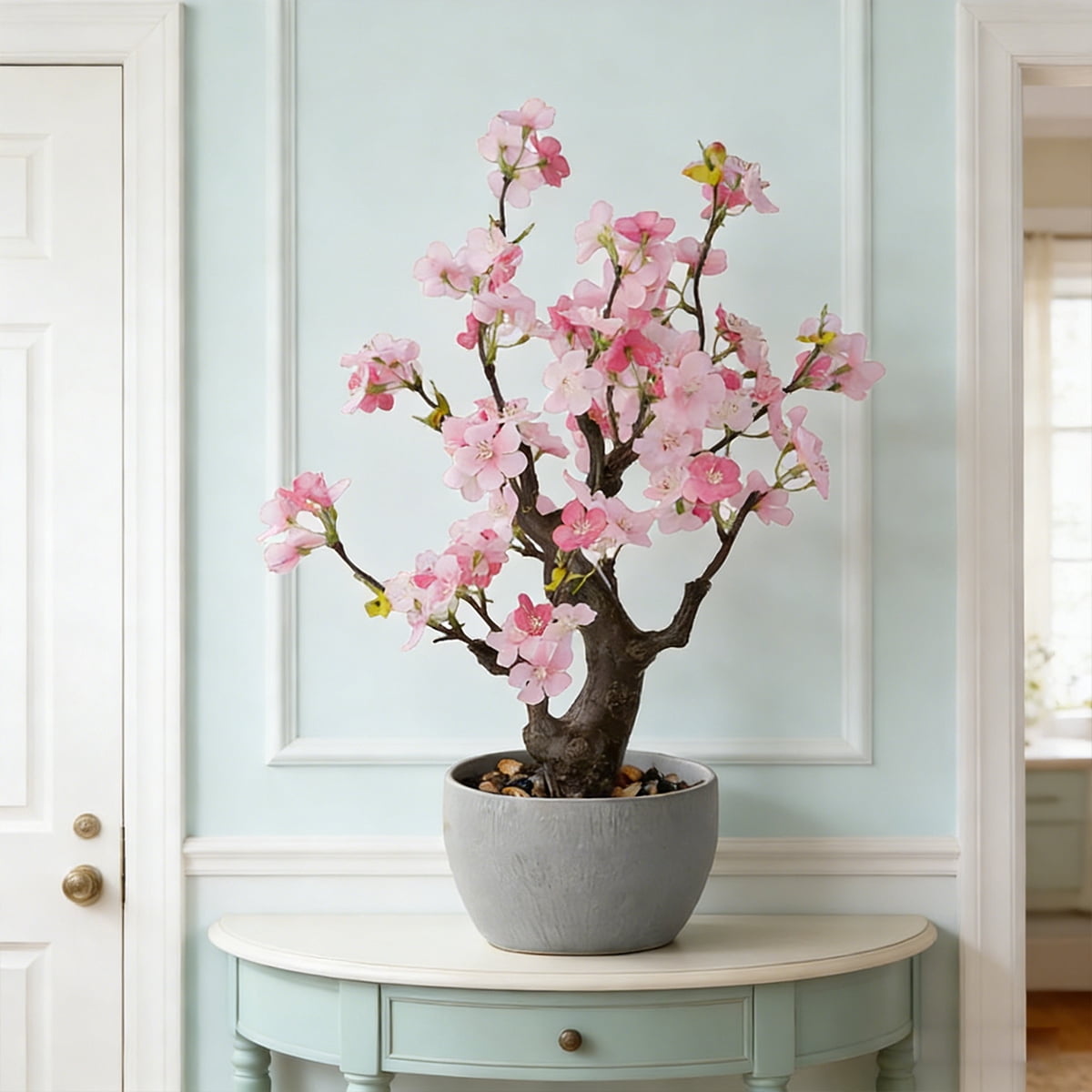 TOARTi Artificial Cherry Blossom Tree Light Pink Faux Flowers with Natural Trunk in Plastic Planter Indoor Tabletop Decor for Home Office Living Room 1.5 Feet