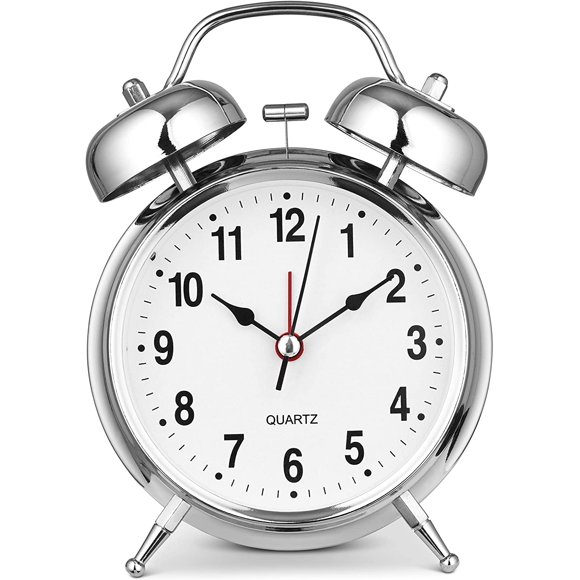Bernhard Products Analog Alarm clock Twin Bell 4 Silver Metal Extra Loud Quartz Battery Operated with Backlight Silent Non-Ticking for Bedside Desk Vintage Retro Antique Decorative Old School, chrome