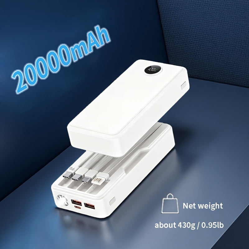 Travel Essential Portable 20000mAh Power Bank With 4 Built-in Cables,Travel Essential Portable Charger,22.5W Fast Charging Battery Charger,USB-C Input/Output, 6 Output 2 Input Cell Phone Battery Pack