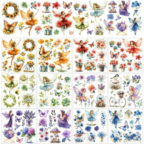 12 Sheets Fairy Rub on Transfers for DIY Crafts 12 Styles Angel Flower Decals PVC Stickers Rub on Decals for DIY Home Window Furniture Wood DIY Craft