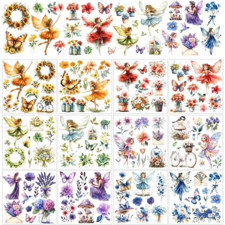 12 Sheets Fairy Rub on Transfers for Crafts 12 Styles Angel Flower Decals PVC Stickers Rub on Decals for Home Window Furniture Wood DIY Craft Colorful