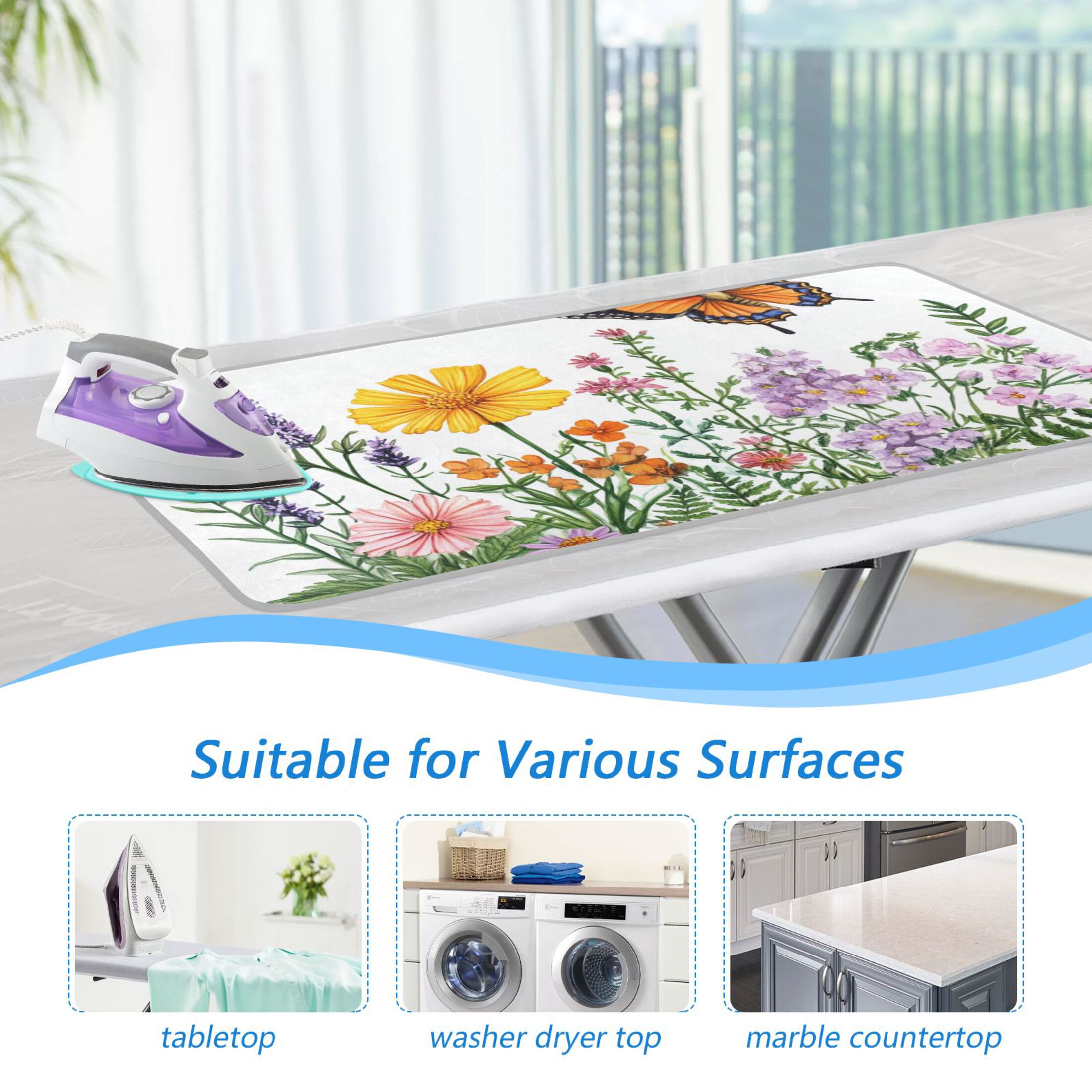 Colorful Flowers Two Butterflies Ironing Mat Blanket Portable Travel Ironing Pad Heat Resistant Pad 47.2" x 27.6”
