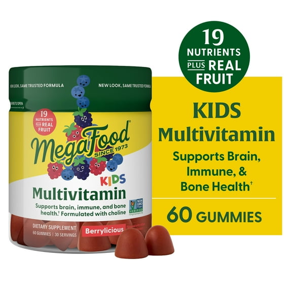 MegaFood Kids Multivitamin Gummies - Zinc, Choline & Vitamins C & D - Age 4 - 30 Servings