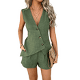 thumbnail image 3 of Women's Linen Shorts Set with Button Down Shirt Vest 2-Piece Summer Vacation Outfit Green L, 3 of 6