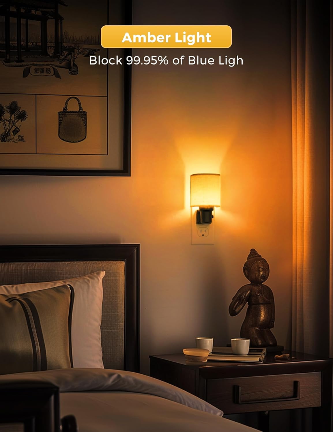 RGHJAR-Amber Night Lights Plug into Wall, Plug in Night Light Dimmable, Farmhouse Decorative Nightlights Plug in Wall, Light Sensor, Linen Fabric Yellow Nightlight for Bedroom Hallway, 1 Pack