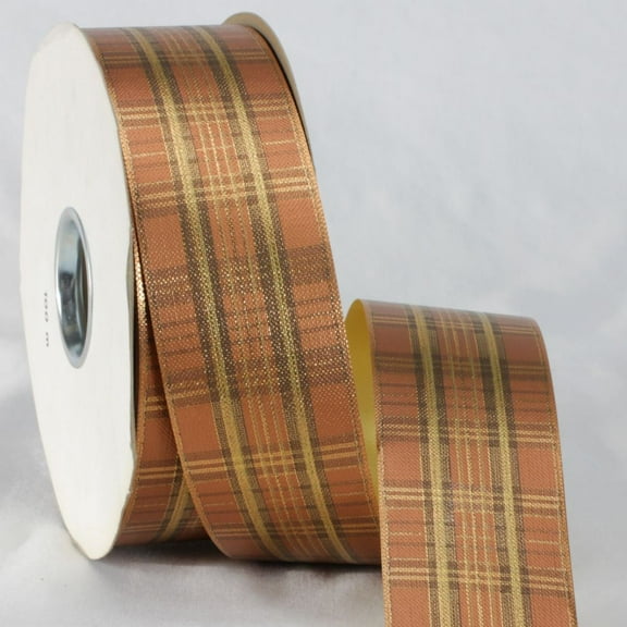 The Ribbon People Gold Colored and Brown Plaid Patterned Ribbon 2" x 110 Yards
