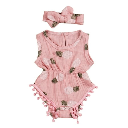 

ZIYIXIN Toddler Infant Baby Girls Outfits Floral Sleeveless Tassel Romper Bodysuit+Headband 2Pcs Clothes Pink 12-18 Months