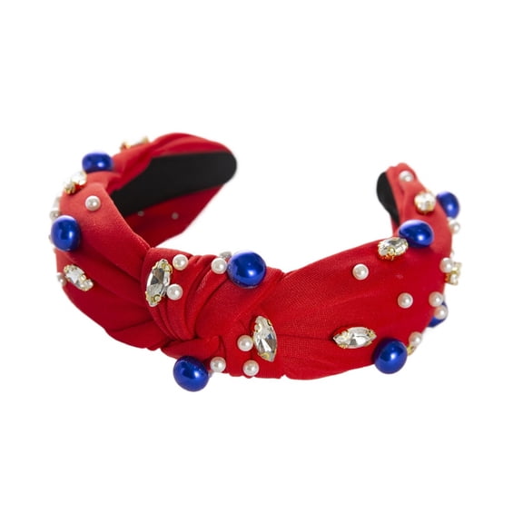 Red White Blue Pearl Rhinestone Knotted Hairband 4th of July Patriotic Fashion Wide Top Knot Headband Hair Accessories