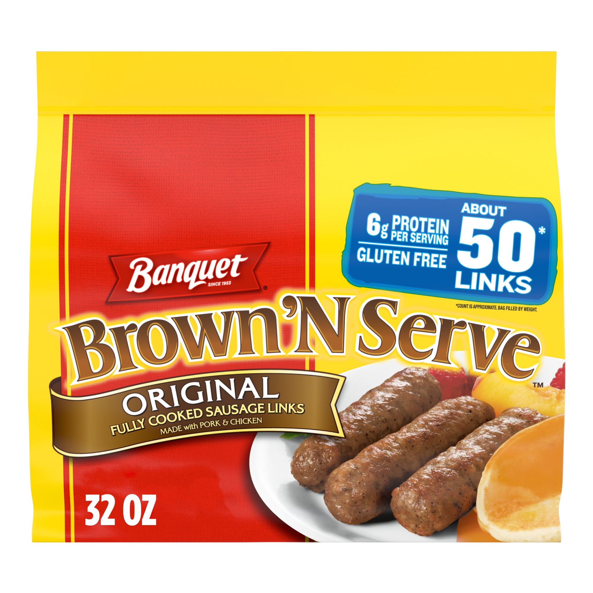 Banquet Brown'N Serve Original Fully Cooked Sausage Links, 6g Protein per Serving, Frozen Breakfast Sausage, 32 oz., 50-Count