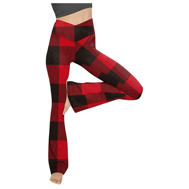 Women Plaid Print Yoga Pants Boot Cut High Waist Workout Leggings Elastic  No-See Through Flare Tummy Control Pants 