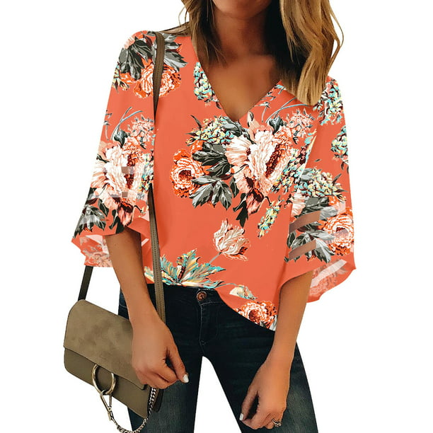 luvamia Women's Floral Print Blouses for Work Bell Sleeve Tops Womens ...