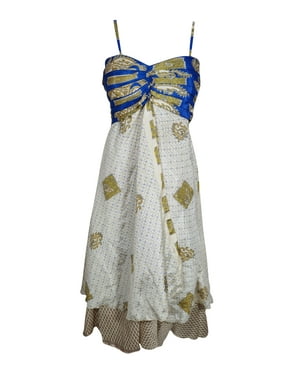 Mogul Women Blue White Vintage Recycled Sari Printed Sundress Layered Spaghetti Strap Boho Chic Beach Summer Dresses S/M