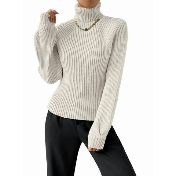 Sweater for Women High Neck Ribbed Knit Sweater Trendy Clothes White S