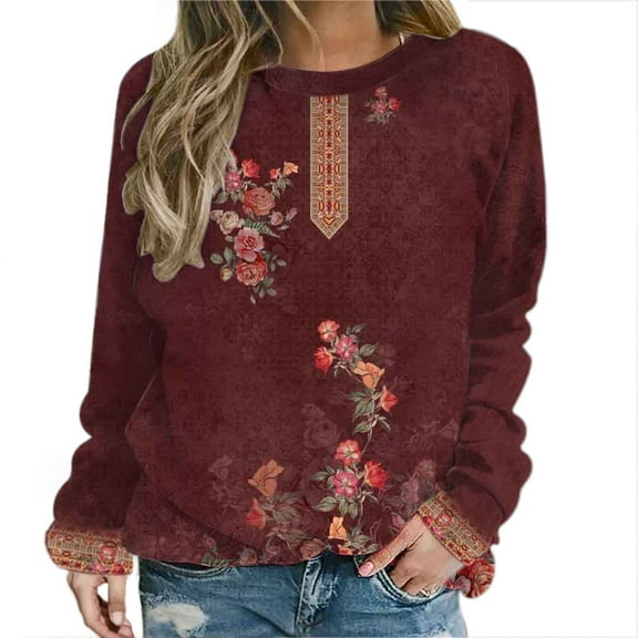 ShomPort Women's Fall Casual Sweatshirts Long Sleeve Crew Neck Floral Print Shirt Blouse Tunic Tops
