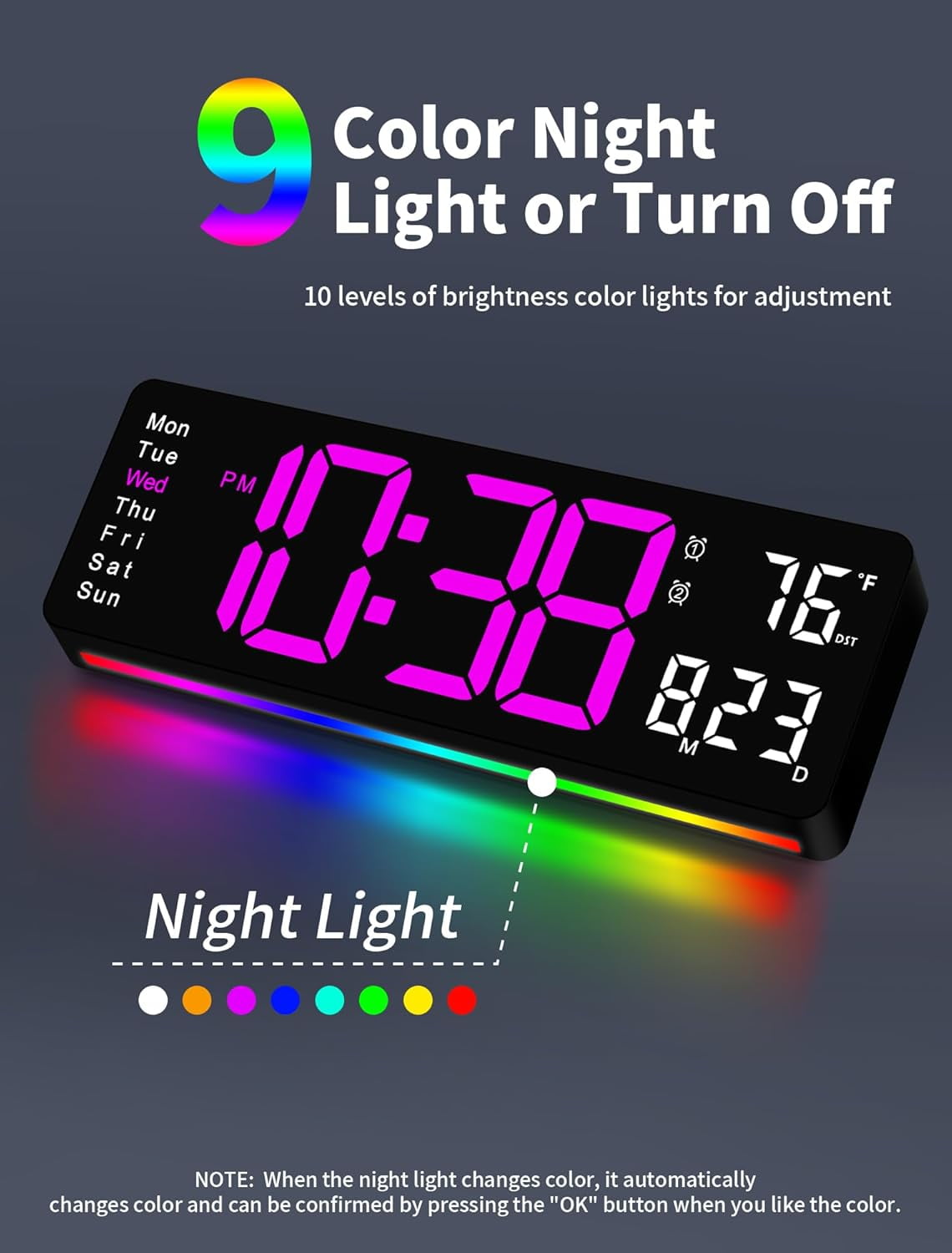 Large Digital Wall Clock with Remote Control, RGB Atmosphere Lights with 11 Scenes Mode, Dual Alarms with Big LED Display, Auto DST, Temperature for Classroom Gaming