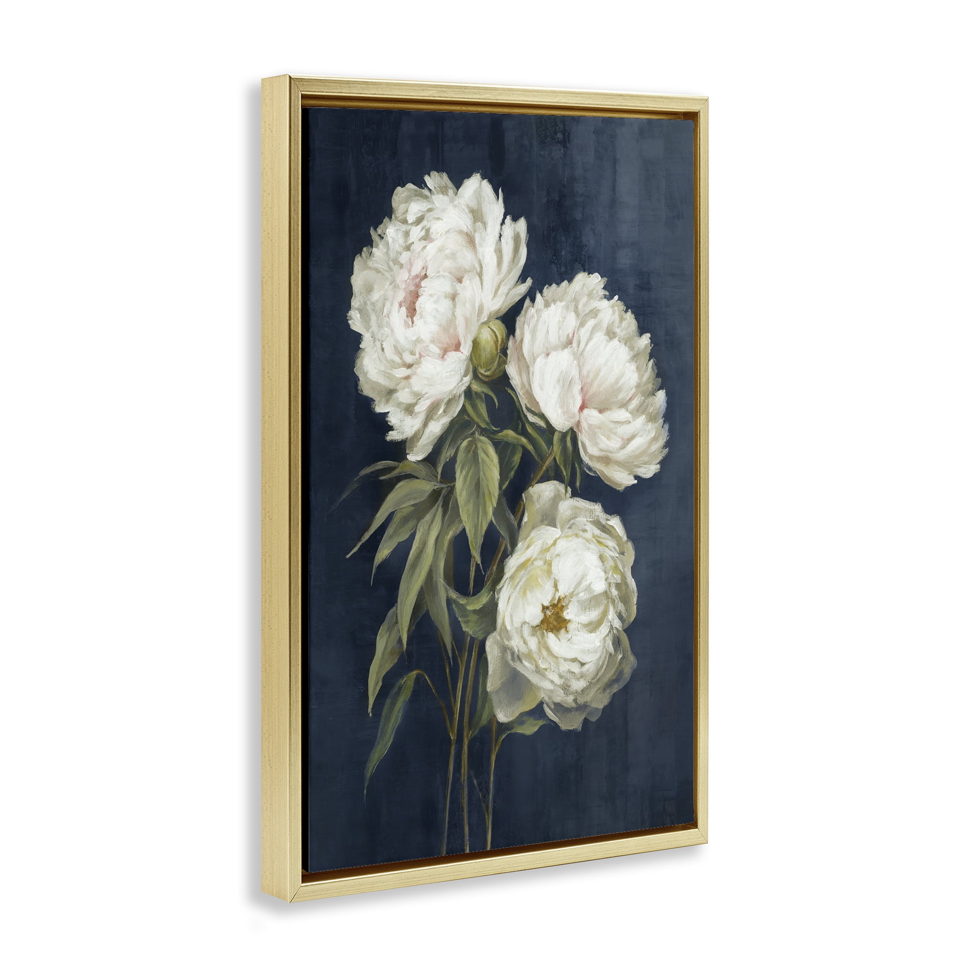 Stupell Industries White Blossoms on Blue Plants & Flowers Painting Gold Floater Framed Canvas Art Print Wall Art, 21 x 31