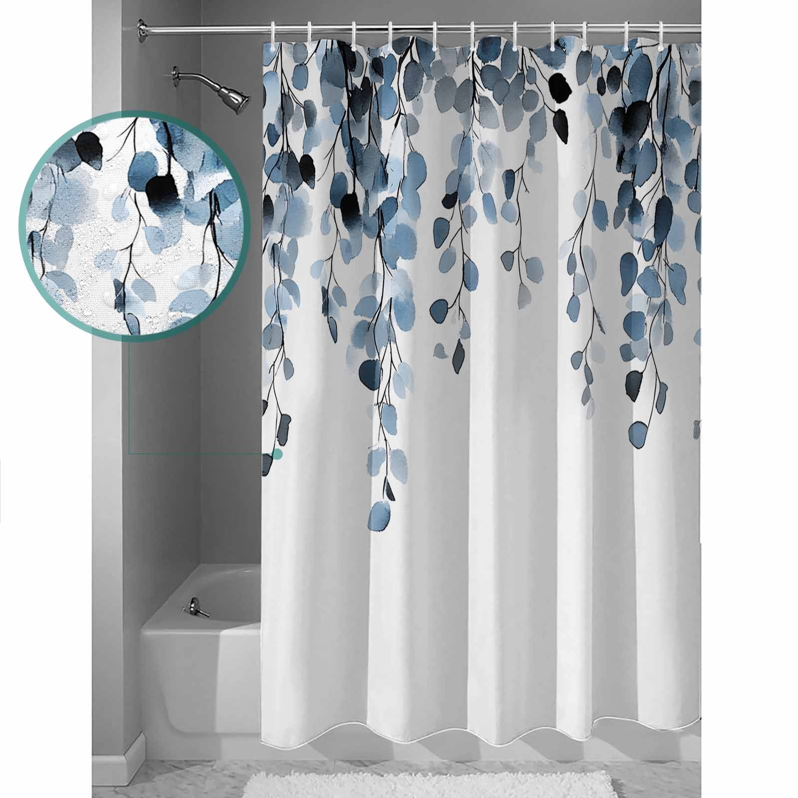 Small Stall Shower Curtain 36x72 Inch Narrow Half Size Blue Eucalyptus Leaves Bath Curtains Bathroom Decor Summer Farmhouse Botanical Waterproof Fabric Shower Curtain Set with Hooks 36 Inch