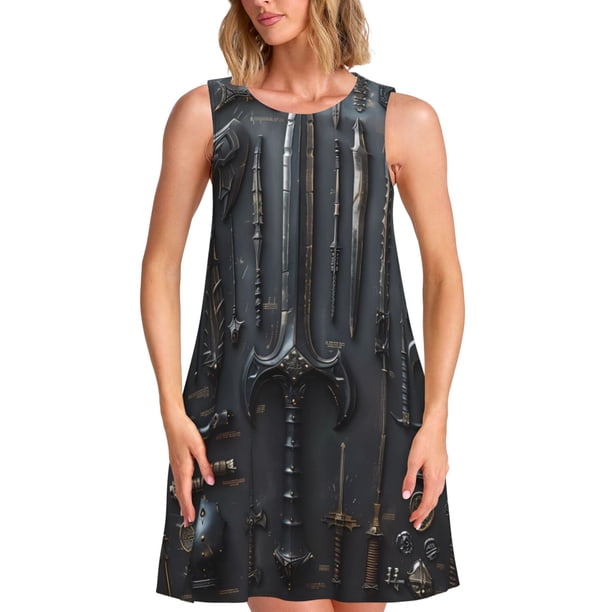 Balery Fantasy Medieval Weaponry Vestidos de verano para mujer con estampado: vestido holgado sin mangas, vestido playero informal y cómodo para días calurosos.