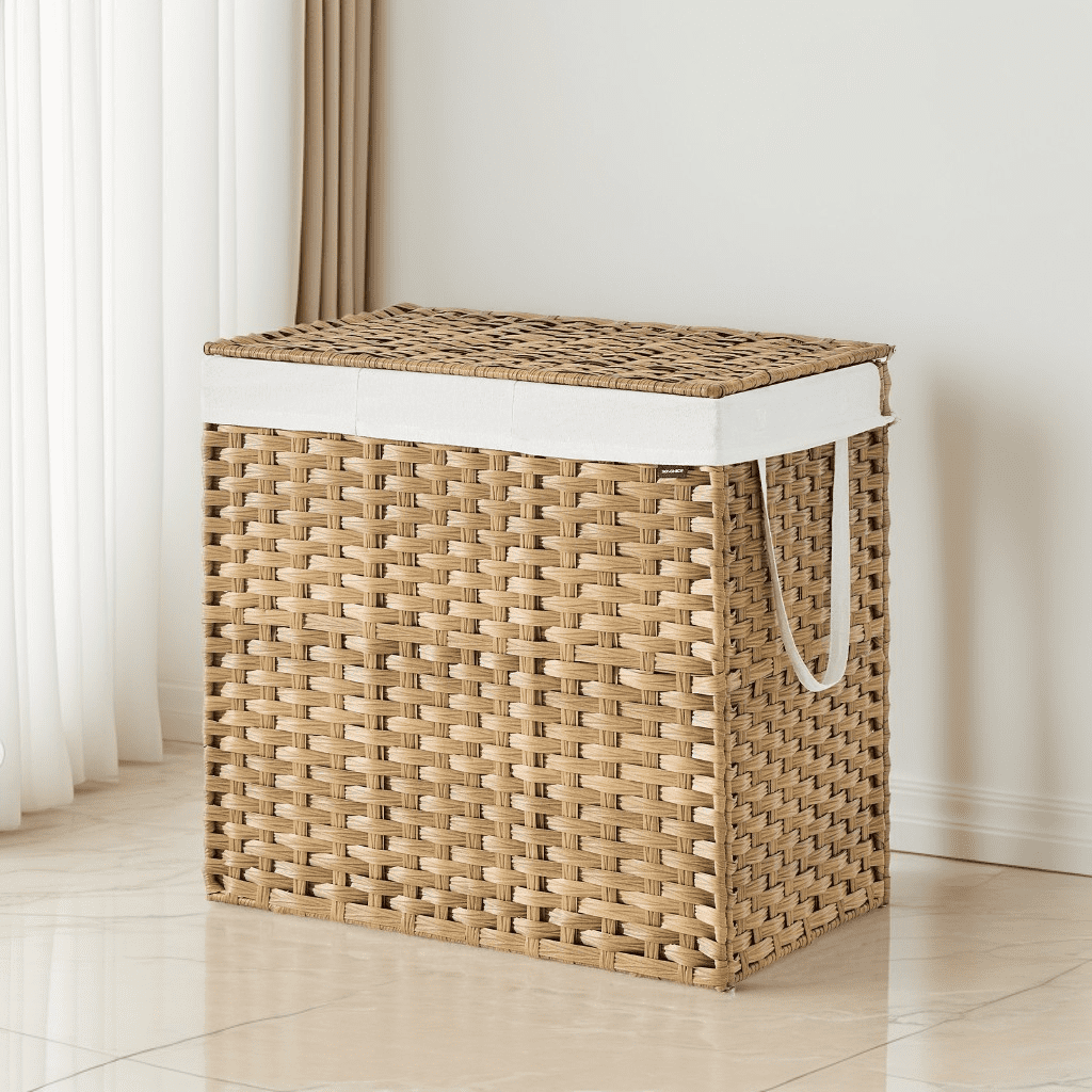 LEDREM 160 L Laundry Hamper with Lid, 3-Section Wicker Basket with Removable Liners and Mesh Bags, Double Laundry Organizer, Natural