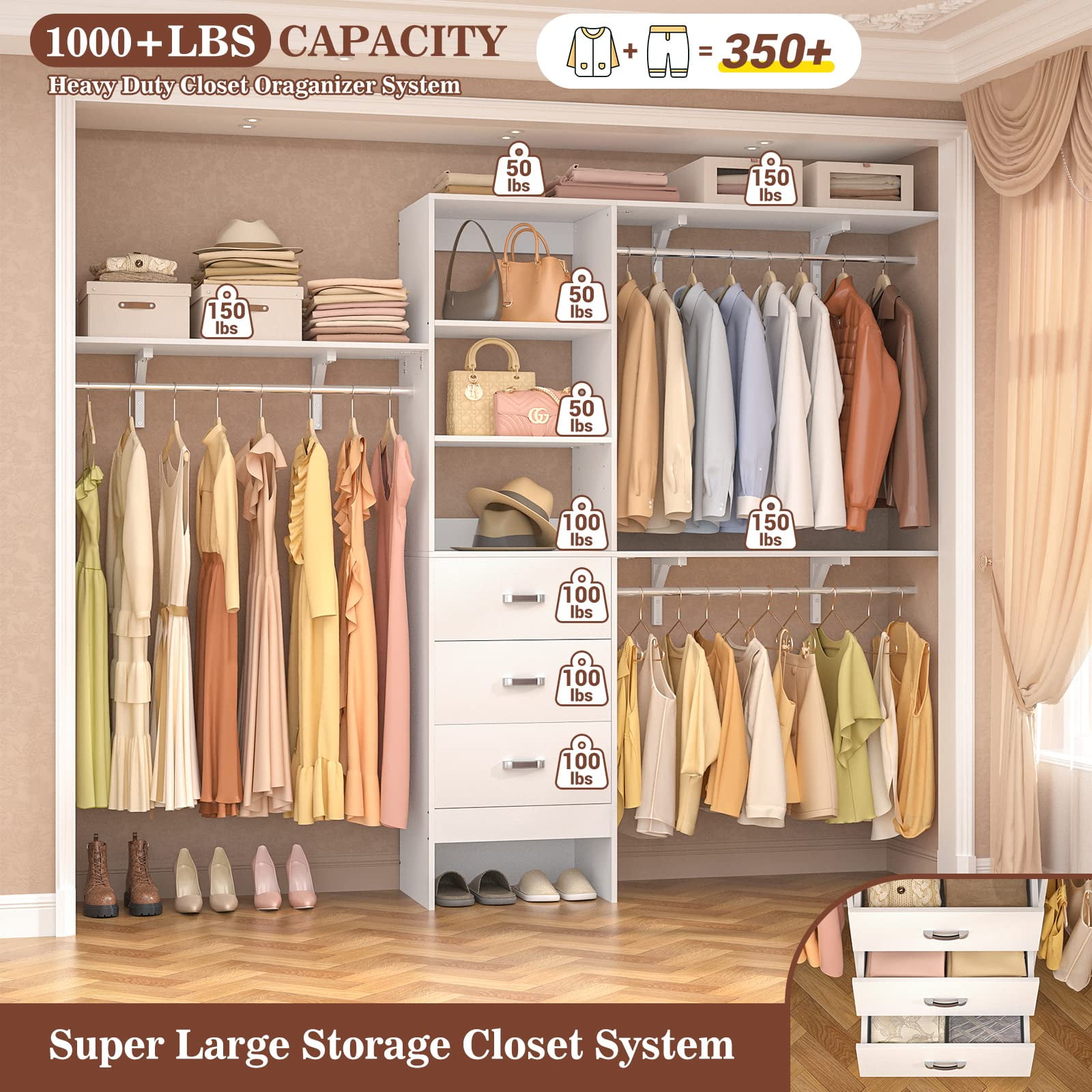 Homieaay Large Closet System, Heavy Duty Clothes Rack with 3 Wood Drawers, Walk in Closet Organizer with 11 Shelves for Checkroom, Bedroom, 74 inch L
