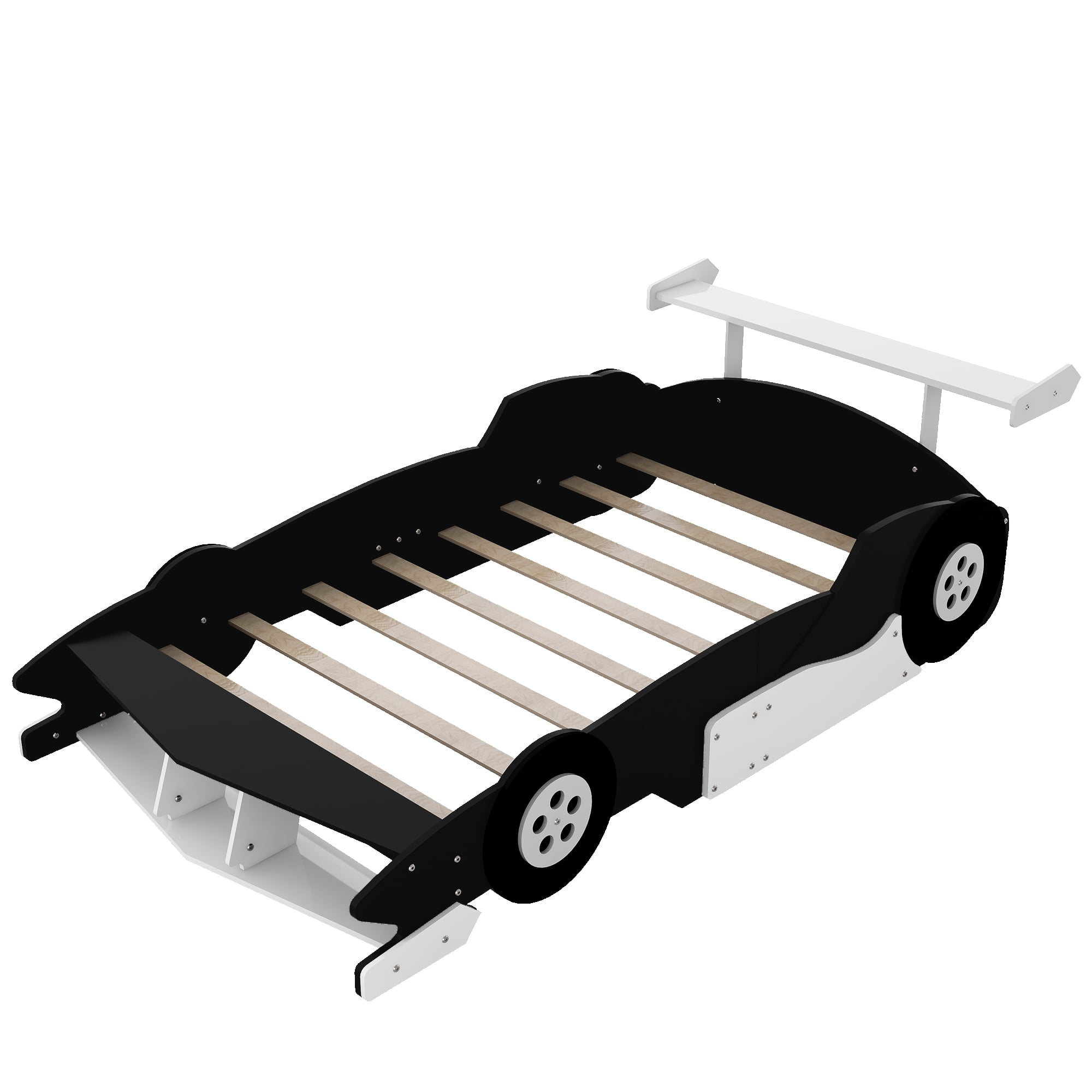 Full Size Race Car-Shaped Platform Bed with Wheels, Unique Race Car Design with Side Rails, Sturdy Plywood Construction, No Box Spring Needed, for Bedroom, Black