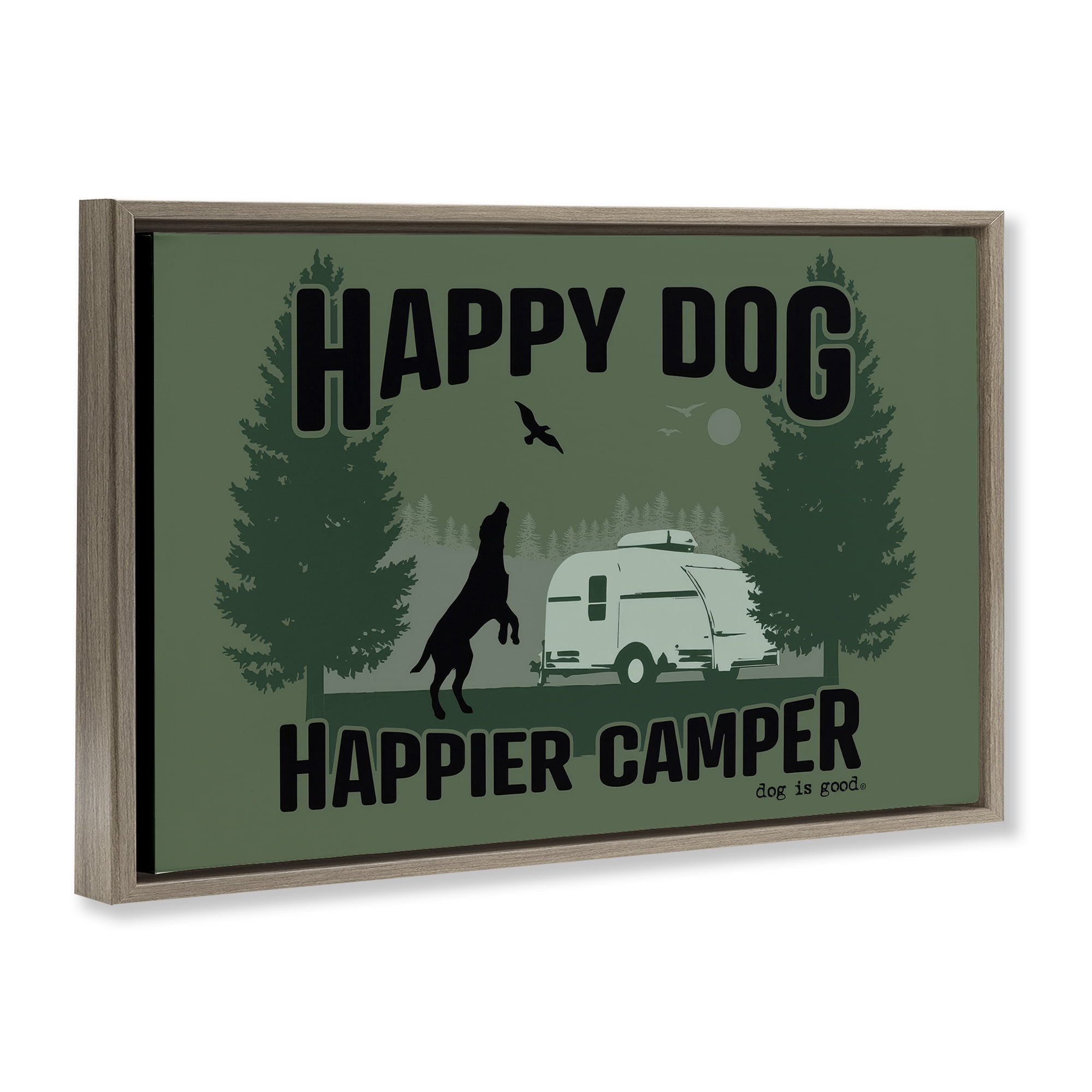 Stupell Industries Happier Camper with Dog Animals Painting Brown Floater Framed Canvas Art Print Wall Art, 31 x 21