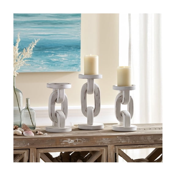 Mango Wood Pillar Candle Holder - Handcrafted Coastal Style White Wooden Taper Holder for Home, Office, Bedroom, and Living Room Decor - Rustic Accent Piece - 8" White