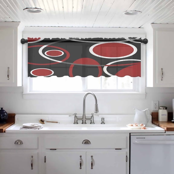 Black Red Valance Curtains for Kitchen/Living Room/Bathroom/Bedroom Window, White Circle Geometric Abstract Texture Rod Pocket Small Topper Half Short Window Curtains Voile Sheer Scarf 54"x18"
