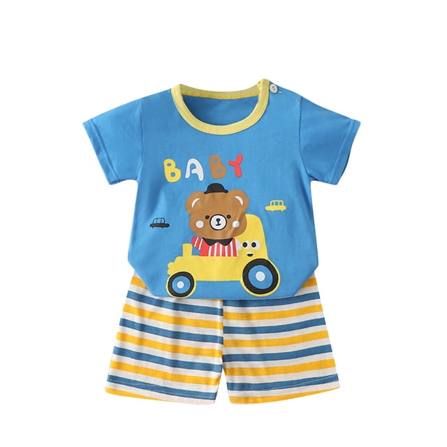Ensembles d'Été pour Enfants, Ensembles pour Garçons, Ensemble Décontracté pour la Maison avec Haut à Col Rond à Manches Courtes et Shorts à Taille Élastique