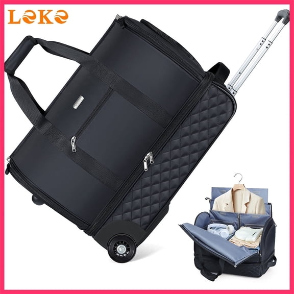 Lekebobor Rolling Garment Bag for Travel - Convertible Duffel Bag with Wheels & Shoes Compartment, Carry on Suit Luggage Bag with Trolley for Business Trip, Wedding, Weekender