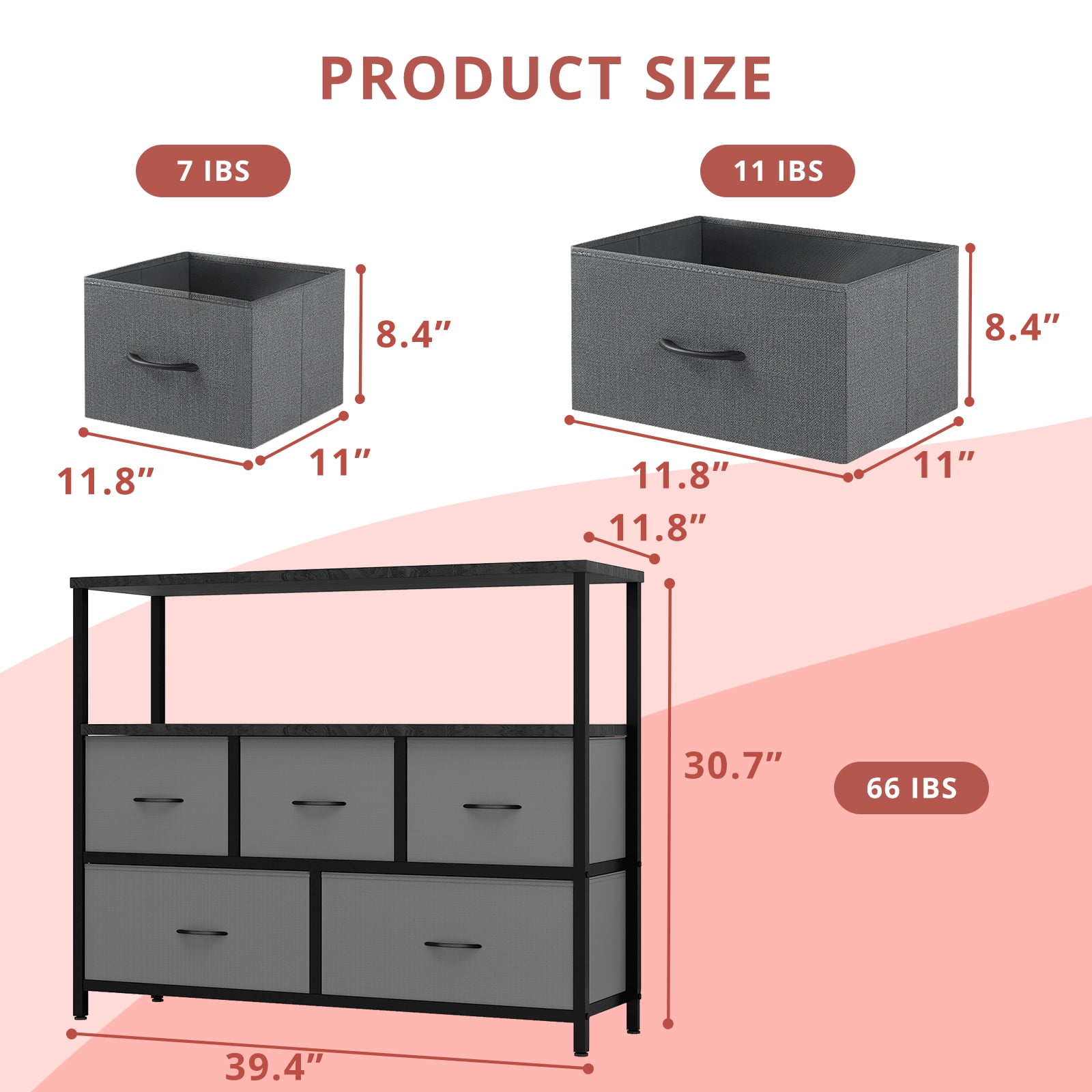 TV Stand, Gray Dresser TV Stand for Bedroom, Entertainment Center for 45 Inch TV with Drawers, Fabric, Adjustable Feet, Living Room