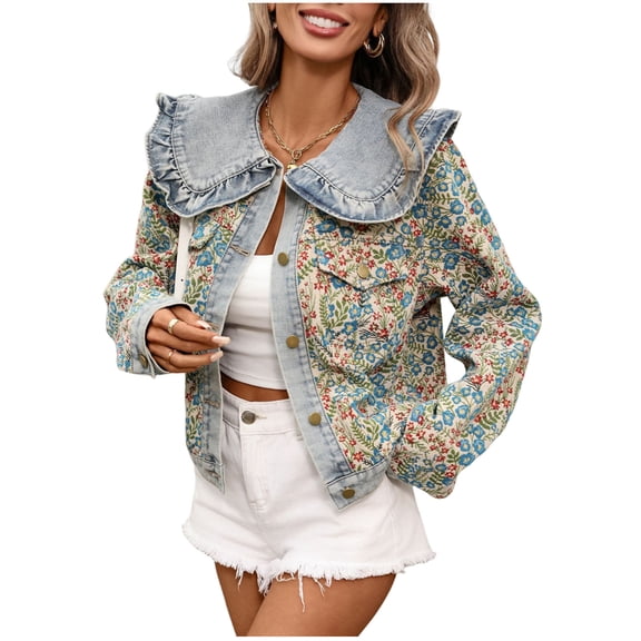 PBFRDSJ Womens Denim Bomber Jacket Vintage Floral Embroidered Peter Pan Collar Jean Jacket Button Down Denim Shacket